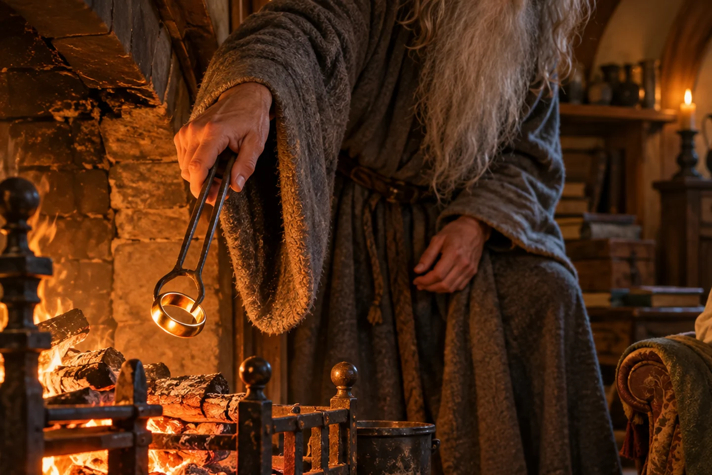 A robed figure retrieves a gold band with iron tongs beside the fire in a rustic hobbit dwelling