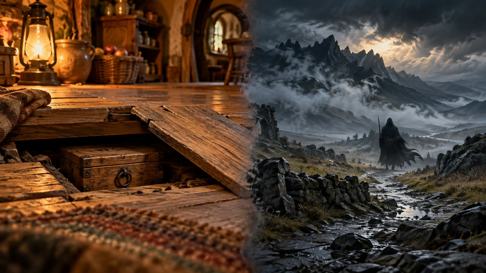 Diptych showing a chest hidden beneath a cottage floor on the left and a distant cloaked traveler in wild mountains on the right