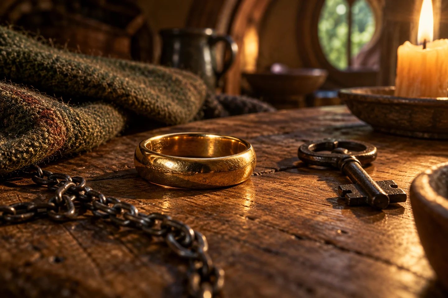 An undecorated gold ring with a chain, an old iron key and rough woven cloth on a wooden table
