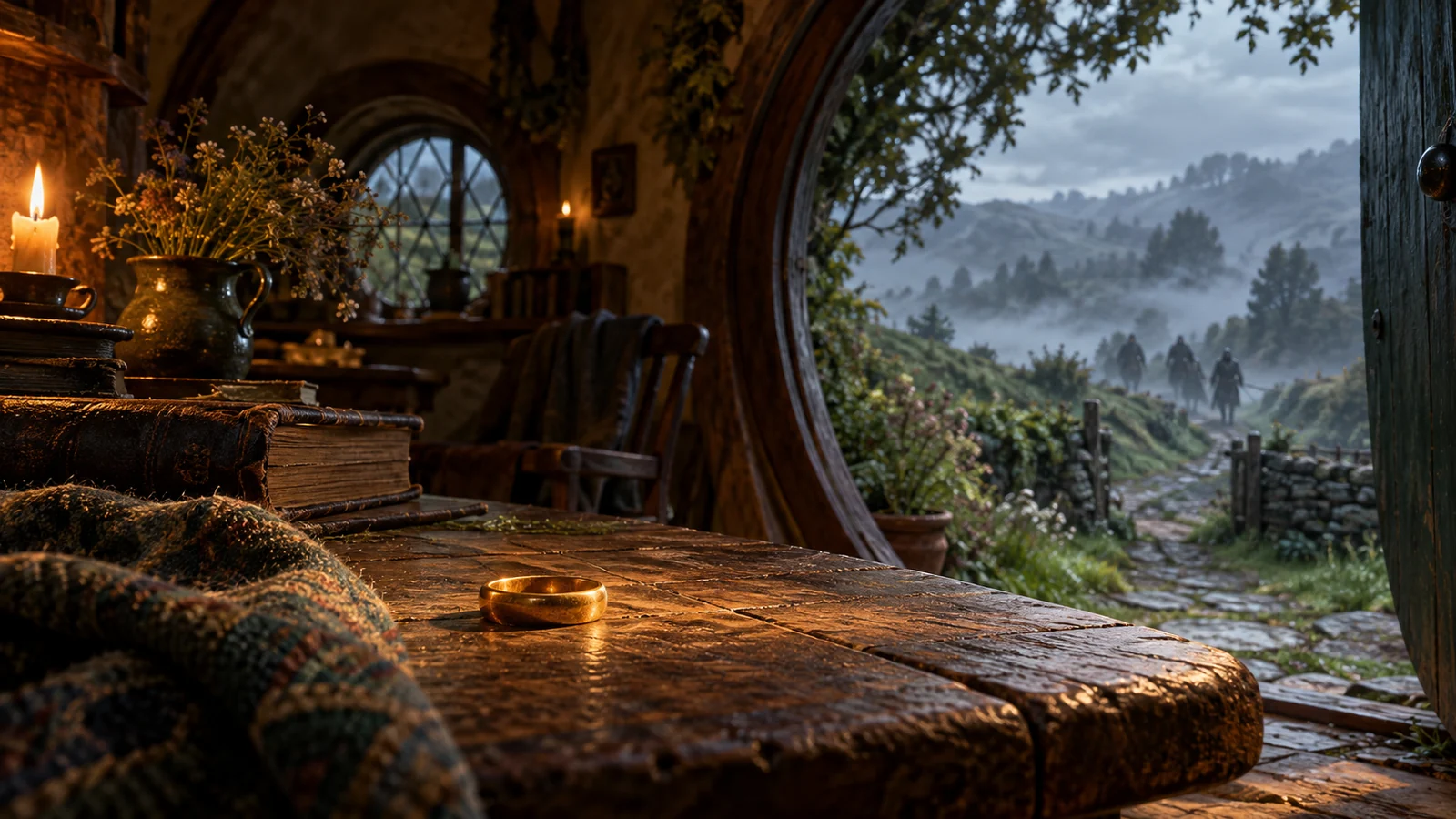 An unmarked gold ring on a wooden table inside a warm hobbit home, with distant indistinct travelers on a misty road
