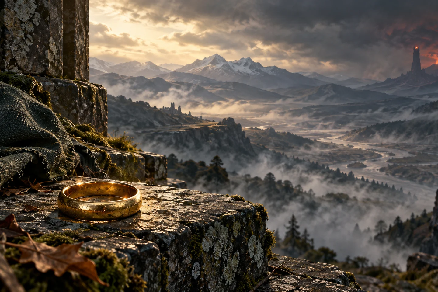 A gold ring resting on an abandoned stone ledge above a misty valley, with a far distant dark tower
